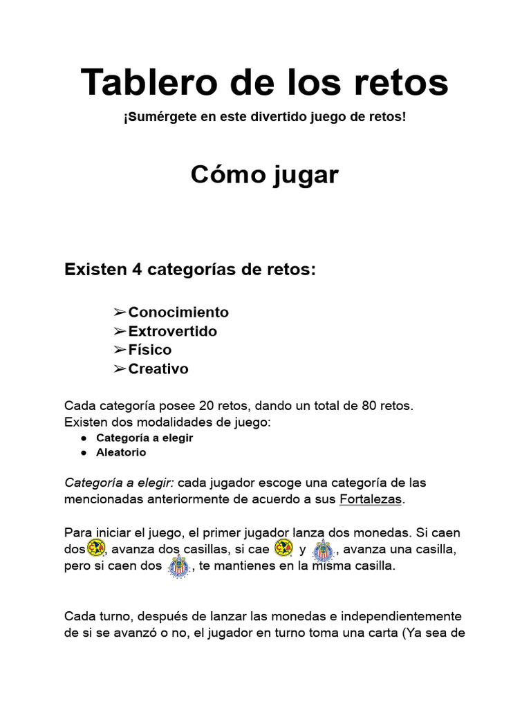 Tablero de Los Retos - Cómo Jugar | PDF