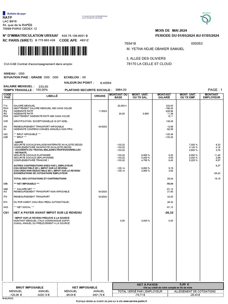 Bulletin de paie RATP Mai 2024 | PDF