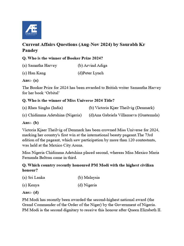 Current Affairs Quiz Aug-Nov 2024 | PDF
