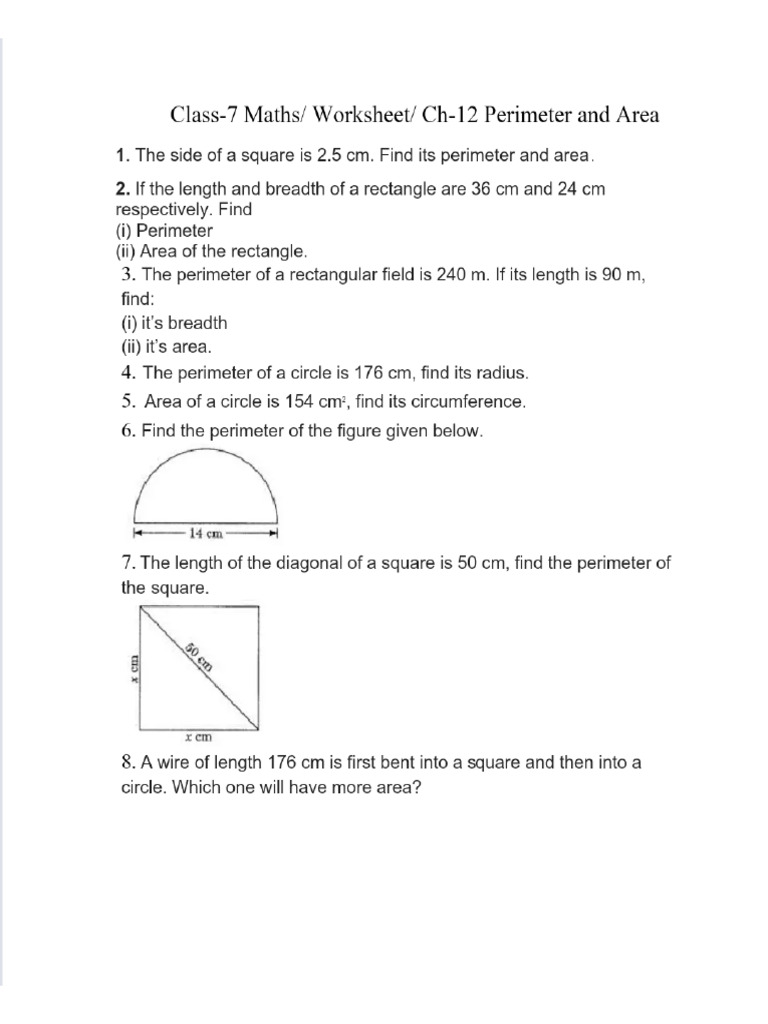 Perimeter and Area Class 7 Ws | PDF