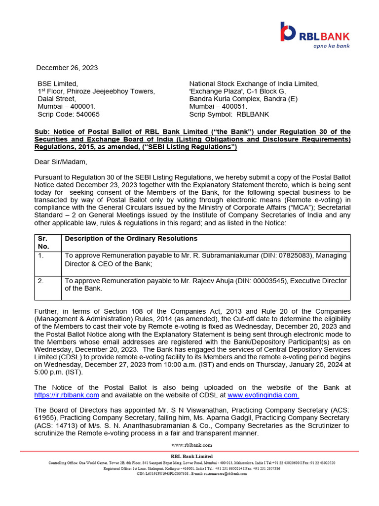 RBL Bank Postal Ballot Notice 2023 | PDF | Login | Electronic Voting