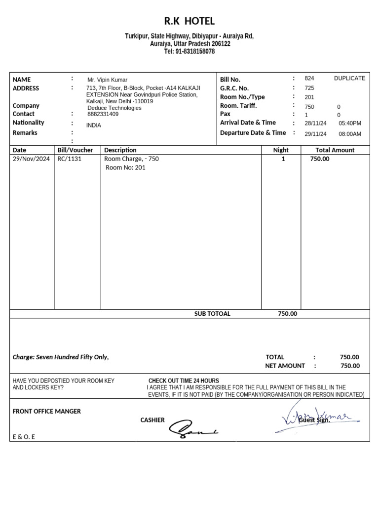 R.K. Hotel Invoice for Room 201 | PDF