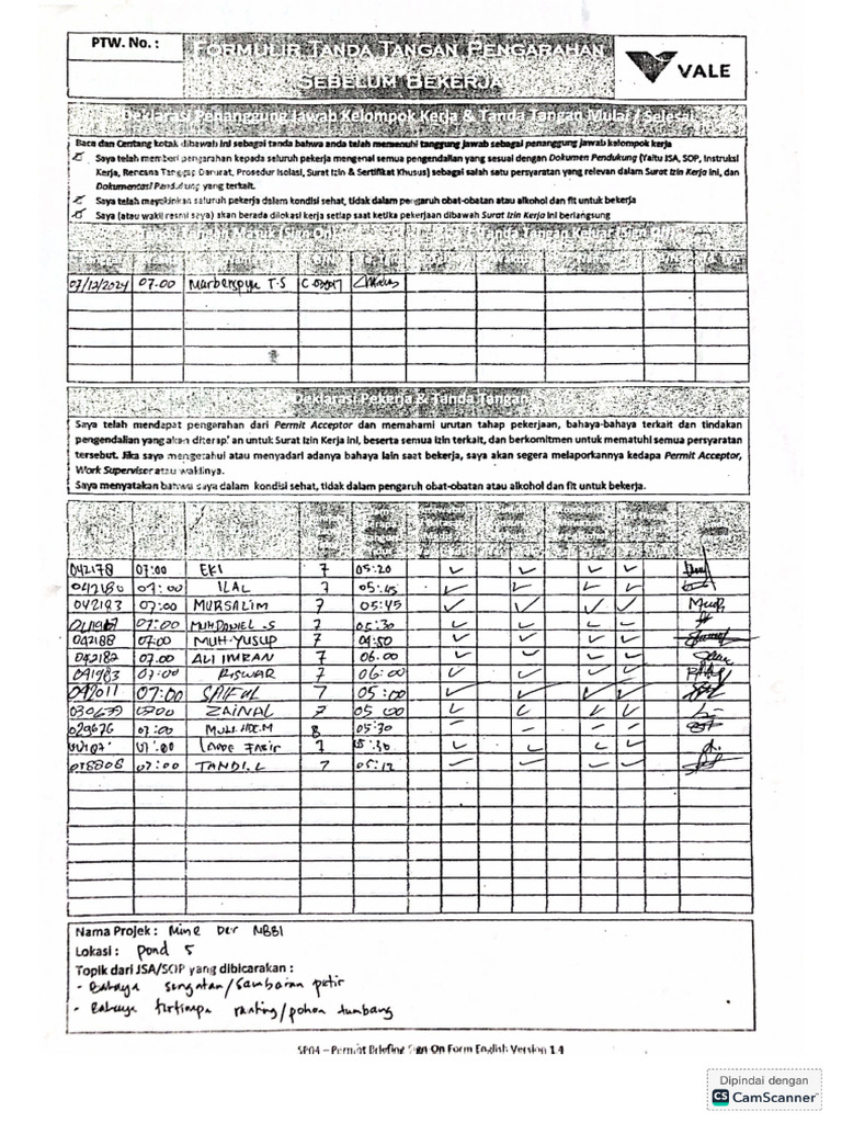 Form TTD Pengarahan Sebelum Kerja WK 50 | PDF
