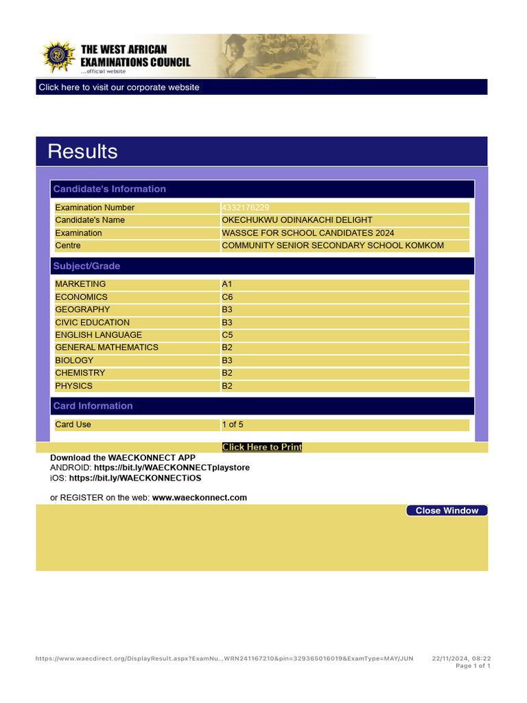 Waecdirect Online - Results | PDF
