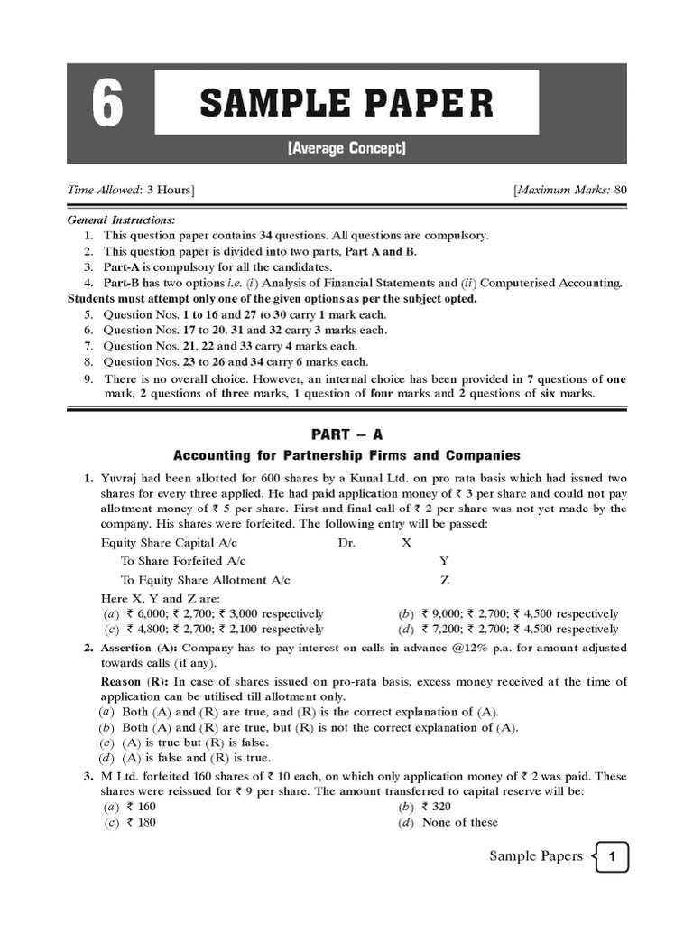 Cbse Cl12 Ead Accountancy Average Paper 6 | PDF