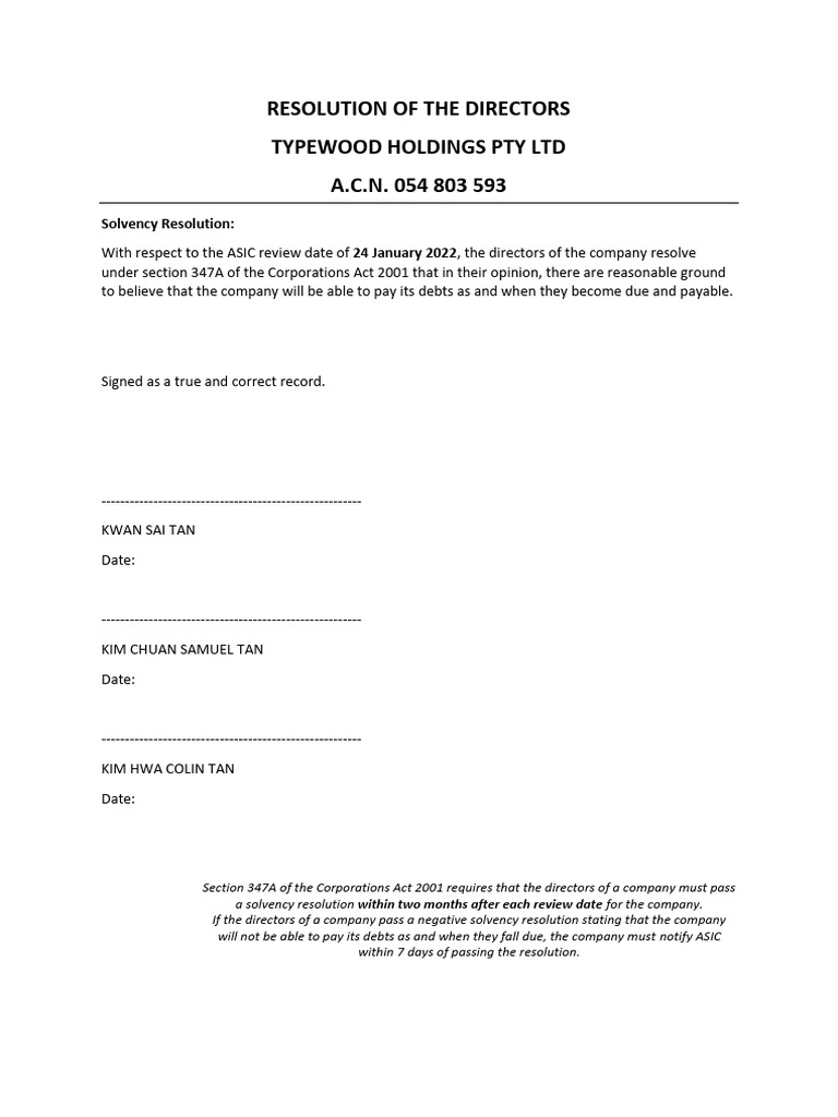 Directors' Solvency Resolution for Typewood Holdings | PDF