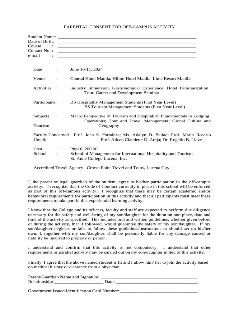 Parental Consent for Off-Campus Activity | PDF