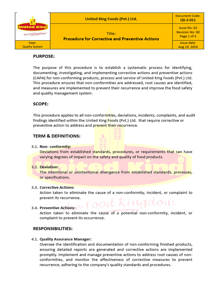 QS-2-011, Issue 02, Procedure For Corrective & Preventive Actions | PDF ...