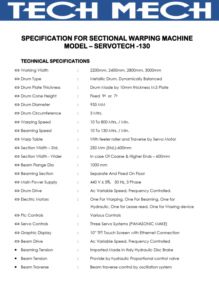 Sectional Warping Machine Specifications | PDF | Brake | Machines