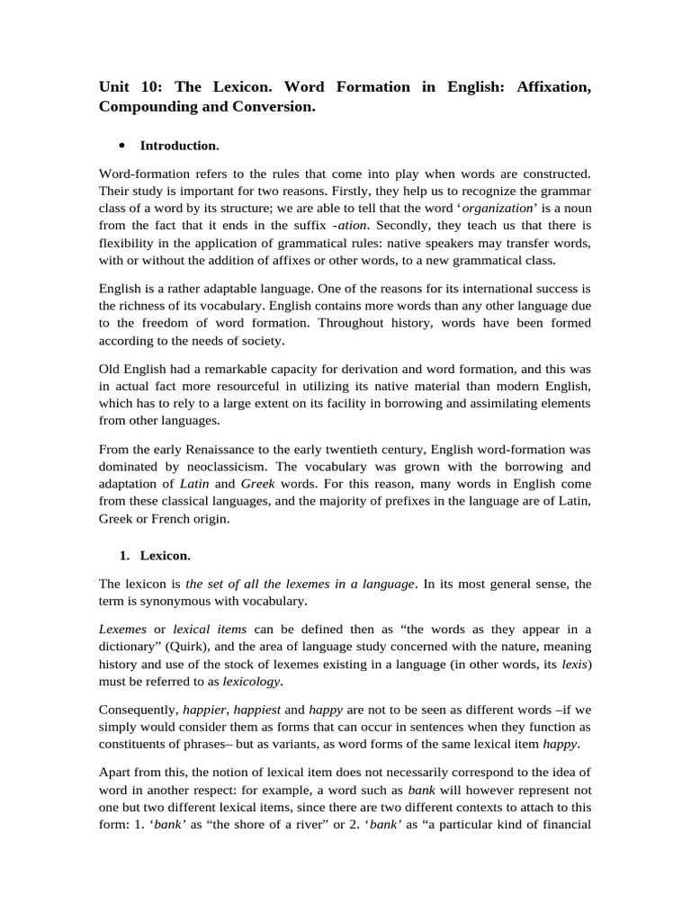 Unit 10: The Lexicon. Word Formation in English: Affixation ...