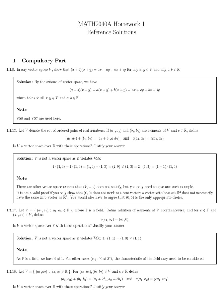 HW1 Sol | PDF | Field (Mathematics) | Vector Space