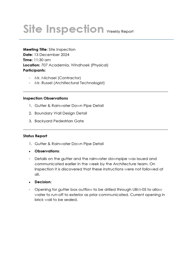 Weekly Site Inspection Report Summary | PDF