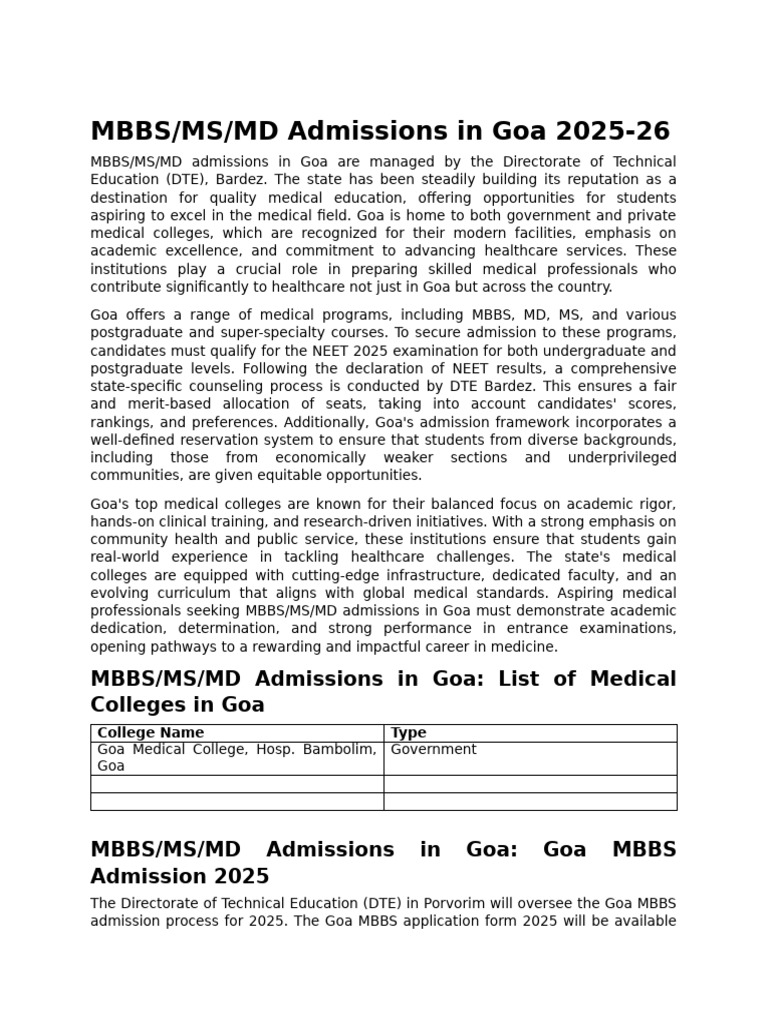 Goa MBBS Admission 2025 Overview | PDF | Higher Education | Medical ...