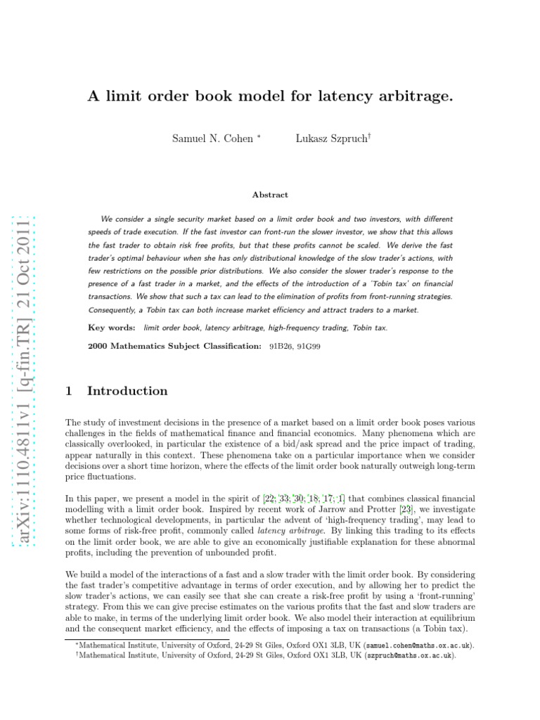 Limit Order Book Model For Latency Arbitrage | PDF | Order (Exchange ...