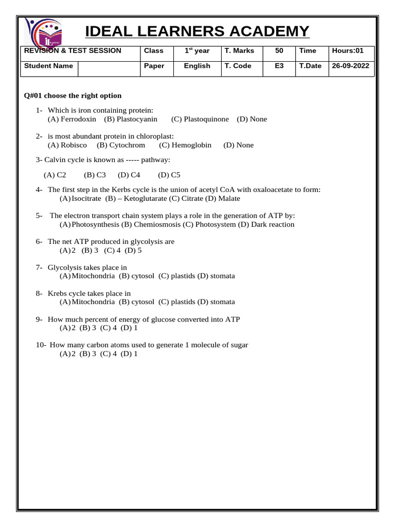 1st Year Test Biology | PDF