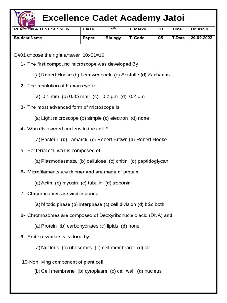 Biology Test Paper for 9th Grade | PDF
