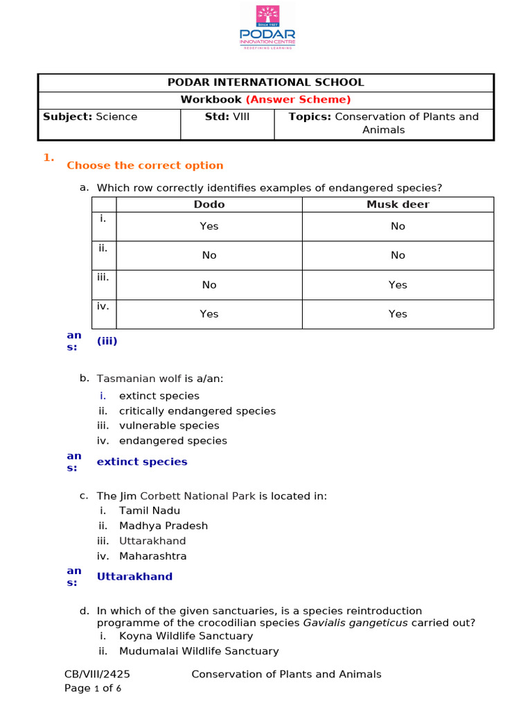 AS - WB - CB - VIII - Sci - Conservation of Plants and Animals | PDF ...