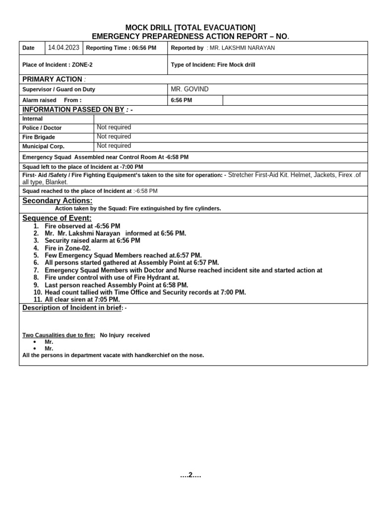 Fire Mock Drill Report - April 2023 | PDF | Civil Defense | Emergency ...