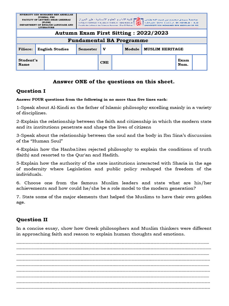 Exam Sample Muslim Heritage | PDF | Islamic Philosophy | Abrahamic ...