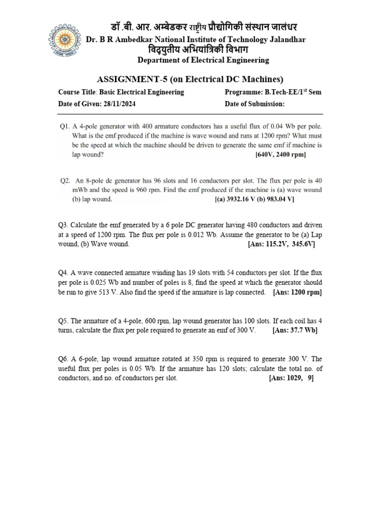 Electrical DC Machines Assignment Solutions | PDF