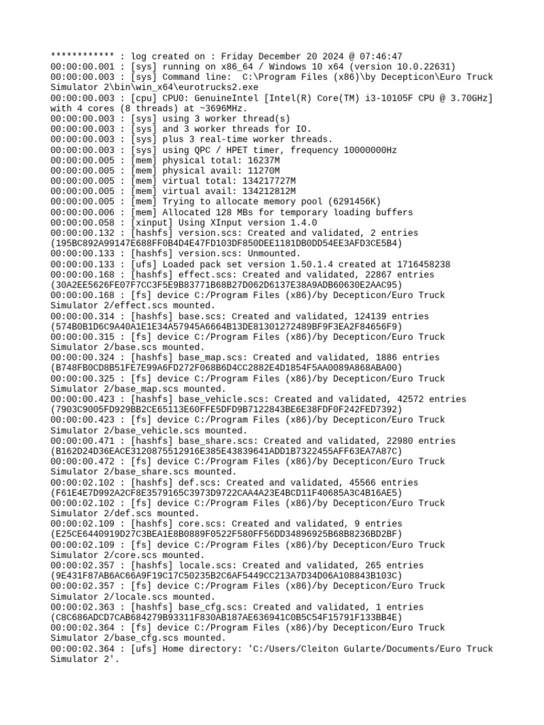 Euro Truck Simulator 2 Log File | PDF | Thread (Computing) | Computer ...