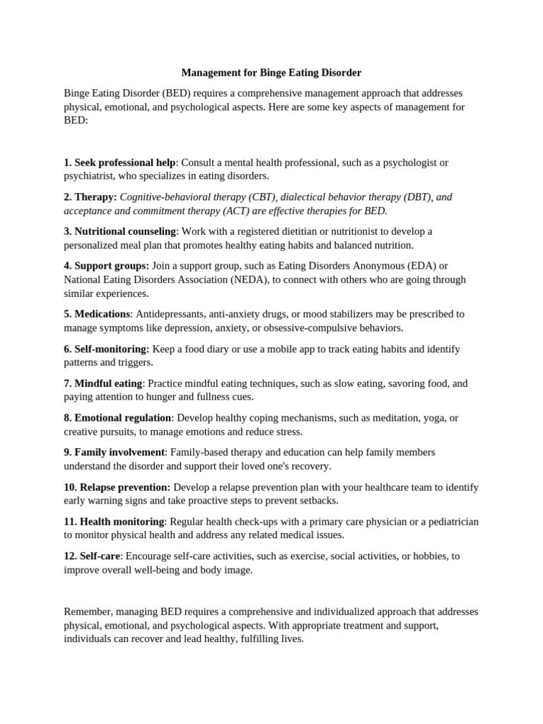 Management For Binge Eating Disorder | PDF