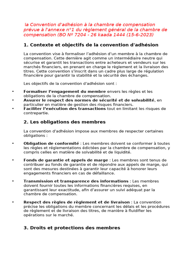 Convention d'adhésion à la chambre de compensation | PDF | Compensation ...