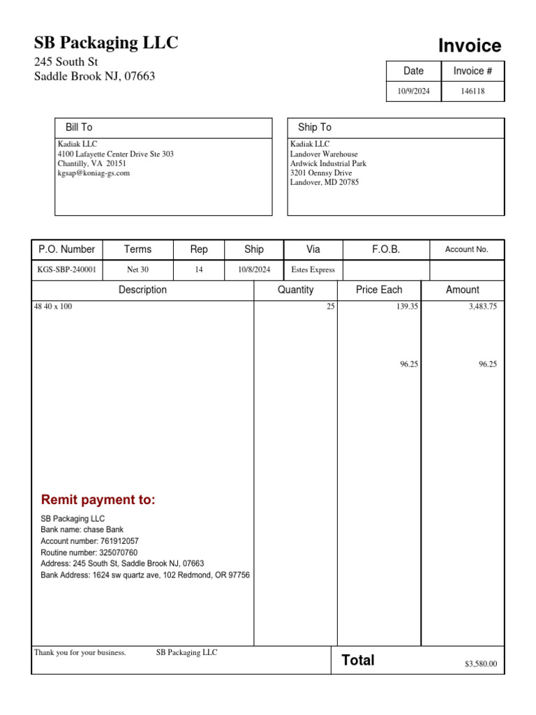 Invoice for Kadiak LLC - SB Packaging | PDF
