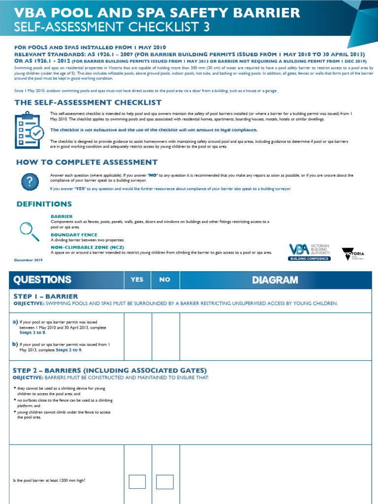 VBA Pool and Spa Safety Barrier Self Assessment Checklist 3 | PDF | Wall
