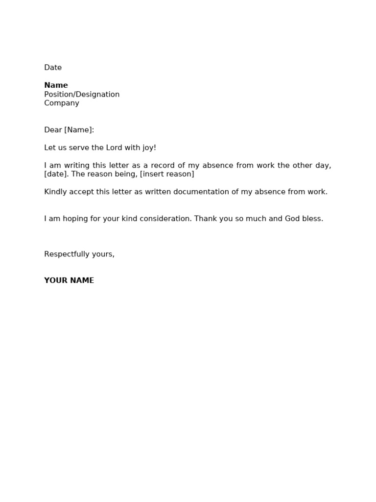 Sample Excuse Letter For Absence From Work | PDF