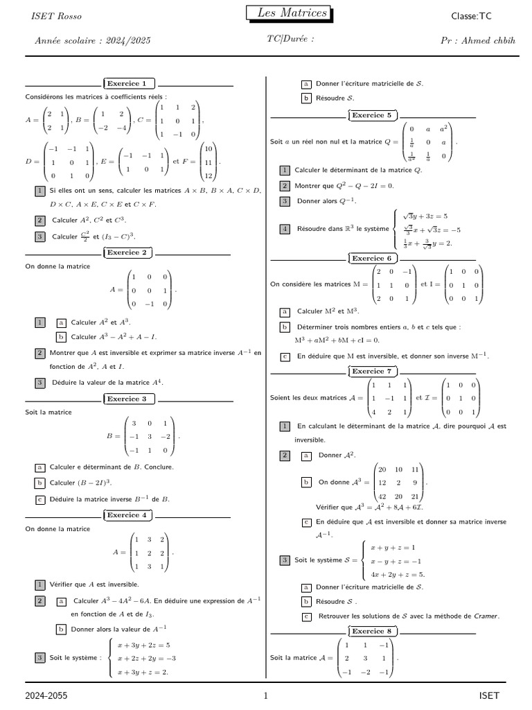 Cours et exercices sur les matrices | PDF | Matrice (Mathématiques ...