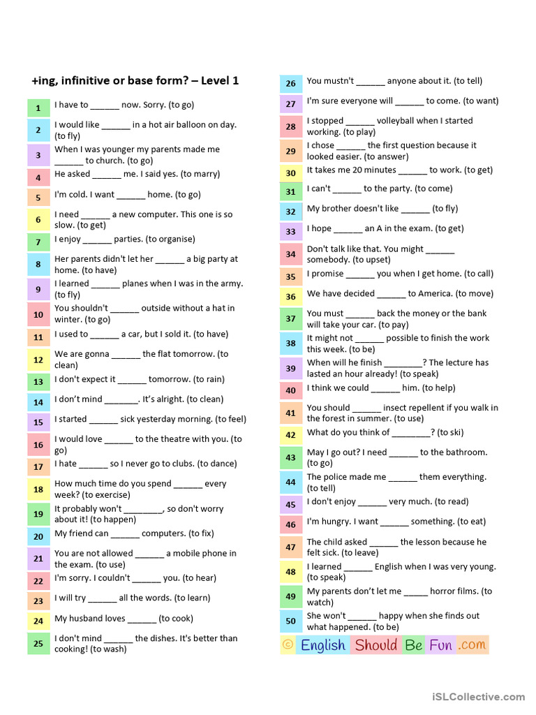 Gerunds and Infinitives Worksheet | PDF