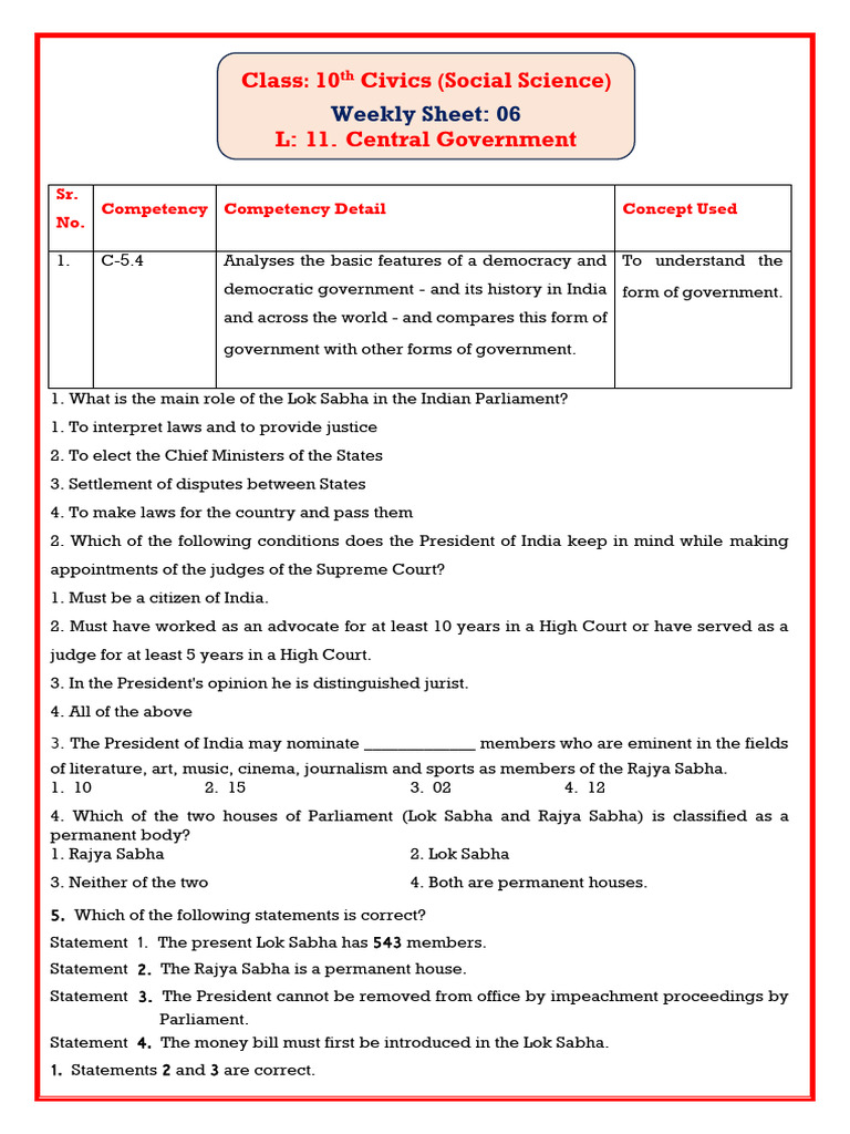 C 10 Civics The Central Government W.S-6 CEP Unsolved | PDF ...