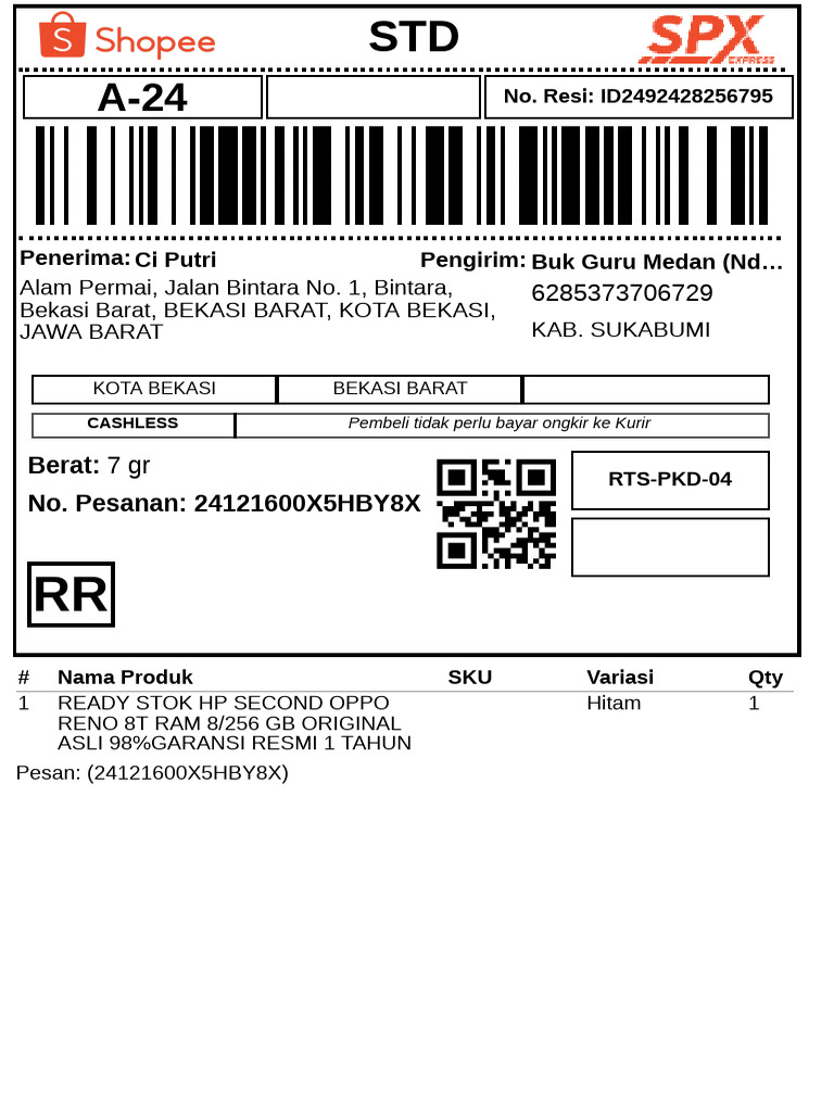 Resi Pengiriman HP Oppo Reno 8T Bekasi | PDF