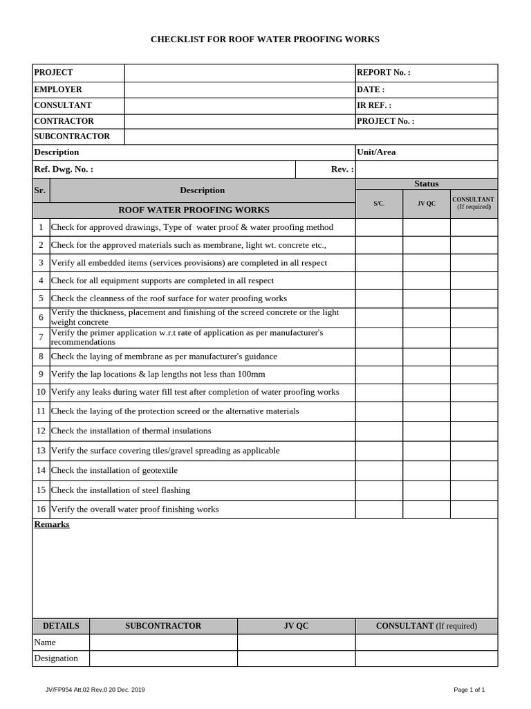 JV-FP954 Att.02 Roofing system check list | PDF | Concrete | Roof
