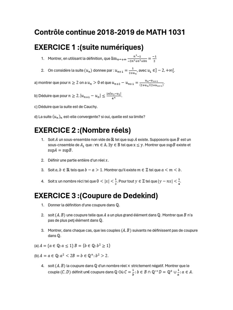 Contrôle MATH 1031 - Exercices 2018-2019 | PDF | Nombre réel | Concepts ...