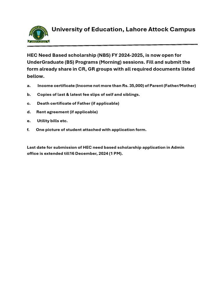 Hec need based scholarship 16 12 2024 application pdf