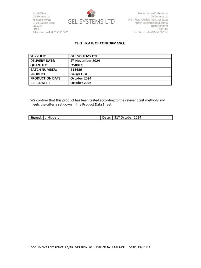 Certificate of Conformance for B18686 | PDF