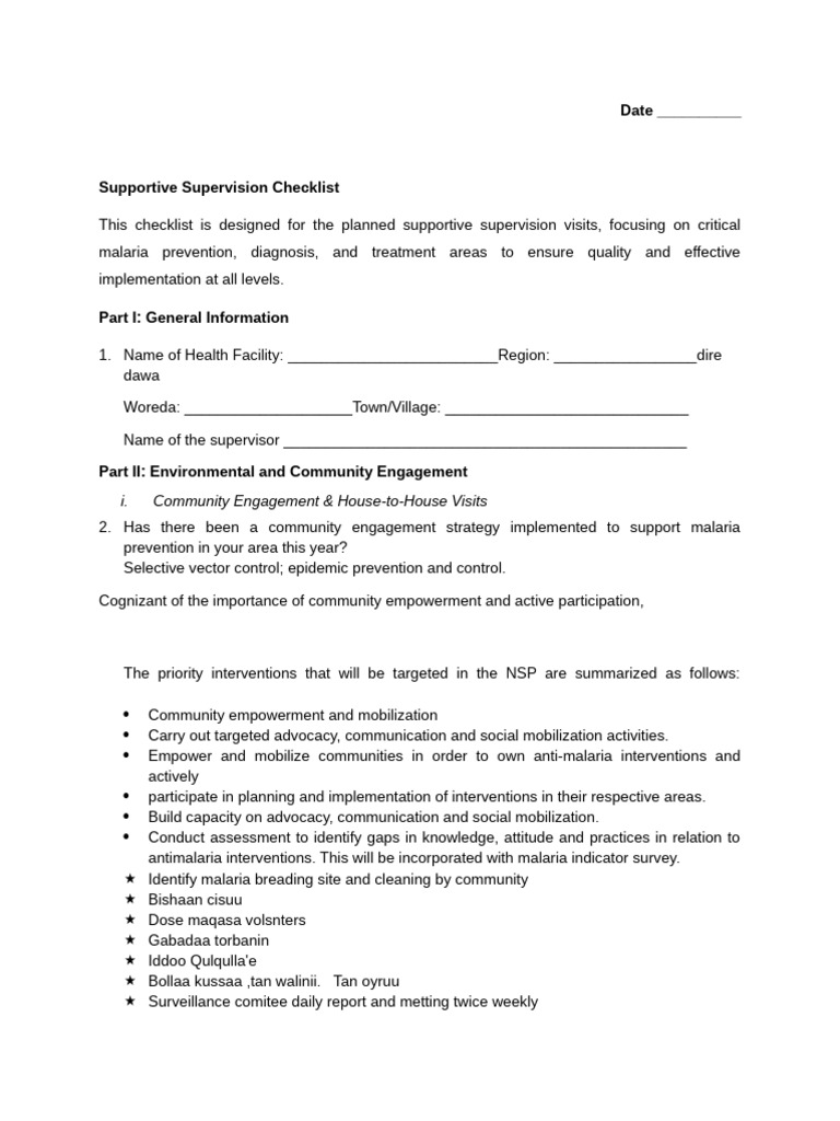 Malaria Supportive Supervision Checklist | PDF | Malaria | Mosquito Net