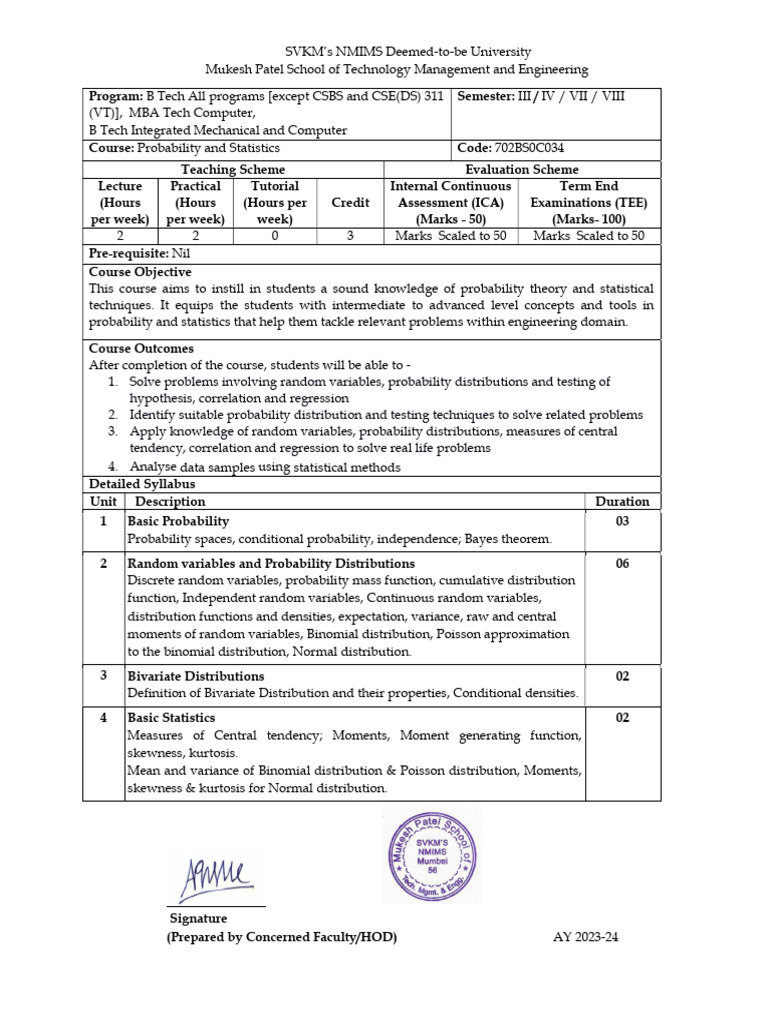 B Tech Data Science 3rd Sem Syllabus | PDF | Statistics | Probability ...