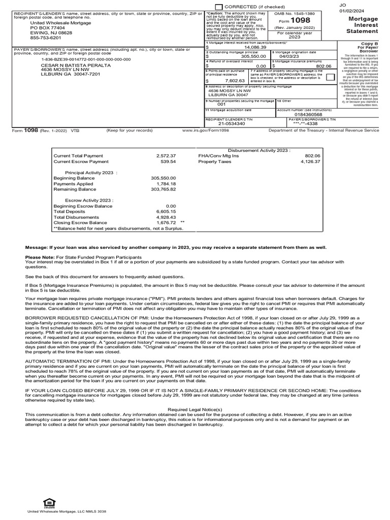Tax Form 1098-Mort Int Stmnt | PDF | Mortgages | Loans