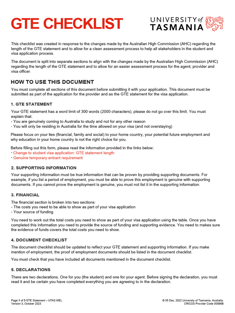 ECA-UTAS_GTE_Checklist_25102023 | PDF | Travel Visa | Affidavit