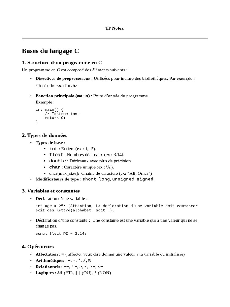 Introduction au langage C | PDF | Variable (informatique) | C (Langage ...