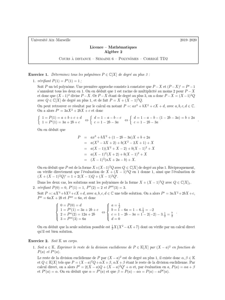 Corrigé TD2 : Polynômes de degré ≤ 3 | PDF | Zéro d'une fonction ...