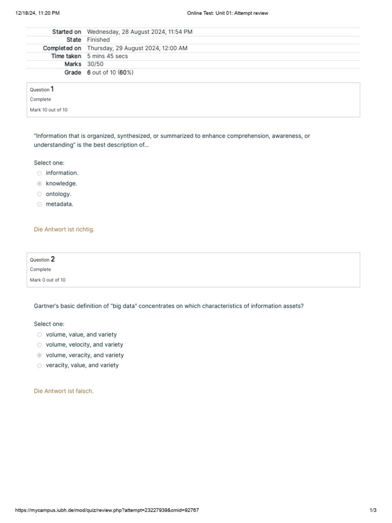 Online Test - Unit 01 - Attempt Review | PDF | Analytics | Data Management