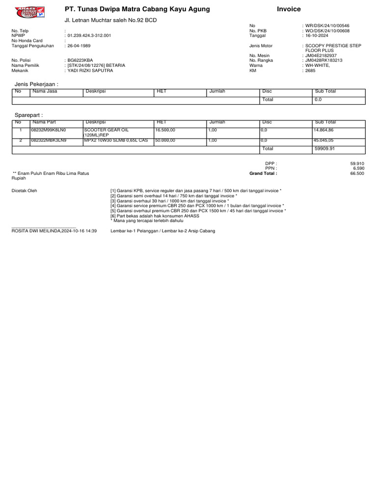 Invoice Servis Motor Scoopy 2024 | PDF