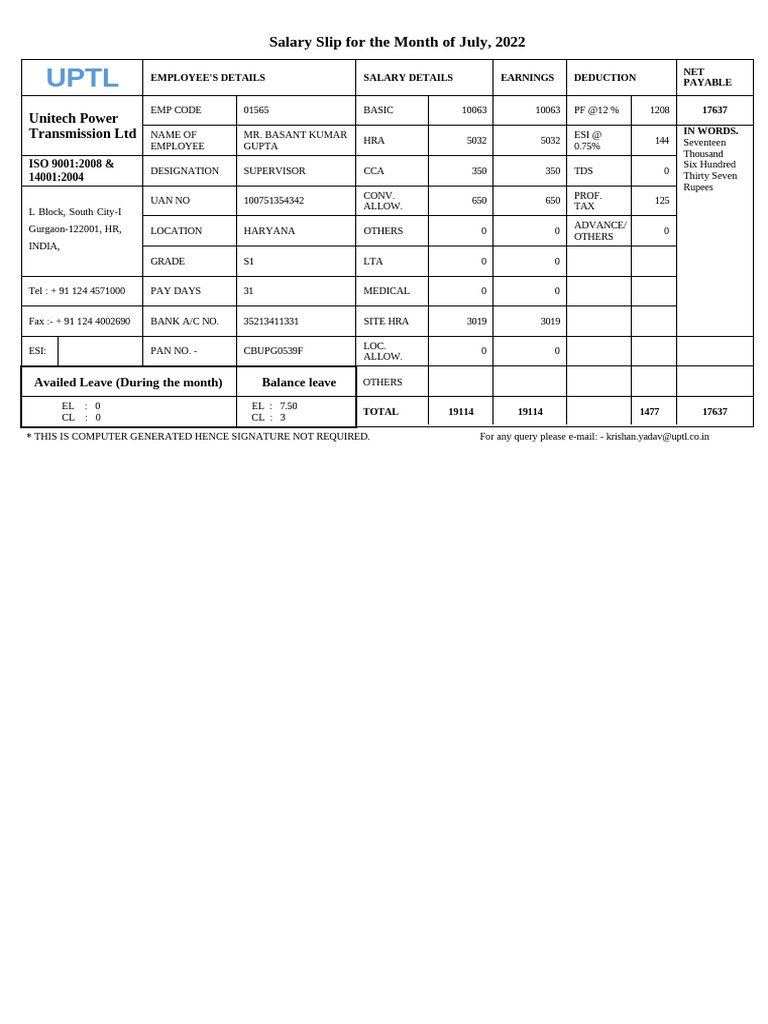 July 2022 Salary Slip for UPTL Employee | PDF | Taxes | Government Finances