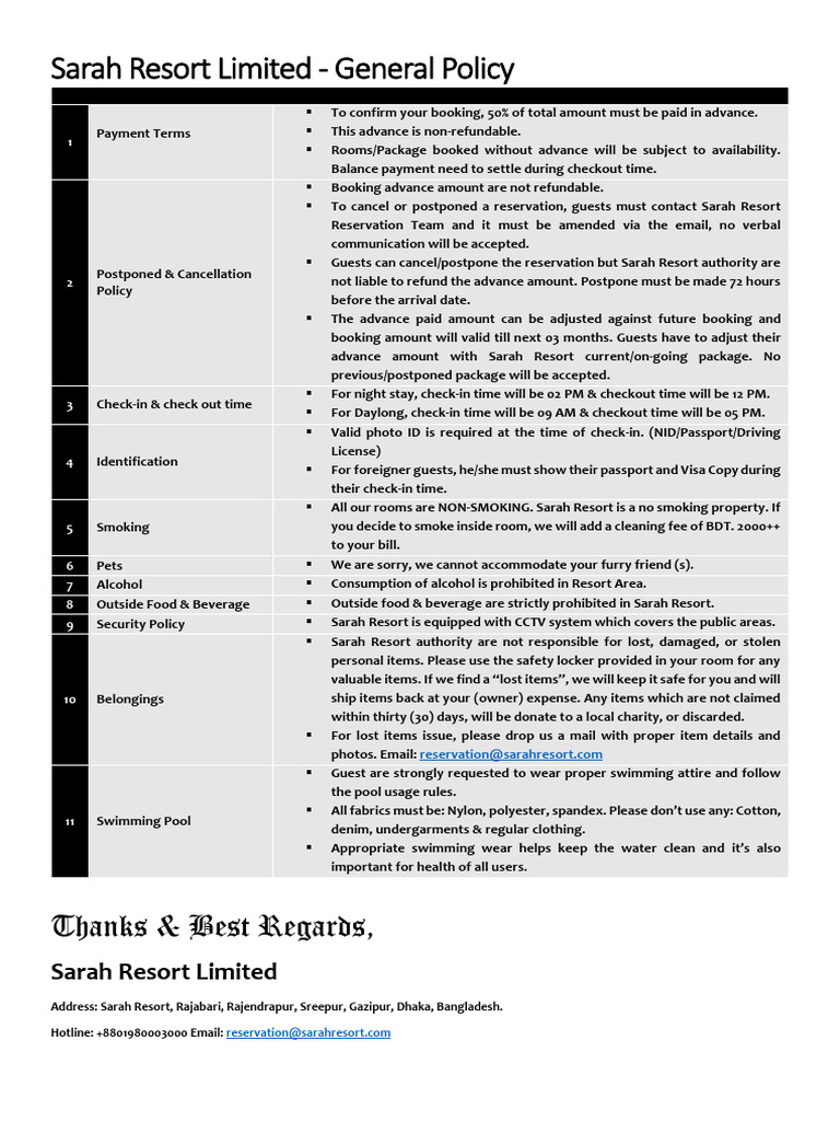 Sarah Resort Booking and Policy Guidelines | PDF | Clothing