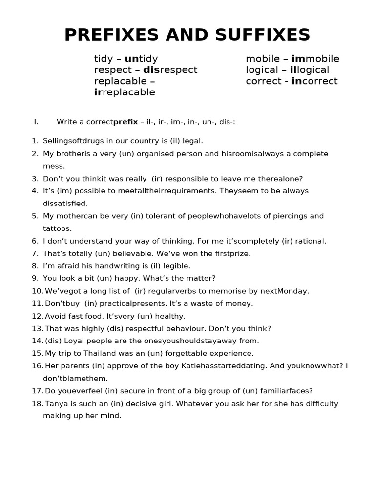 Prefixes and Suffixes Exercises | PDF
