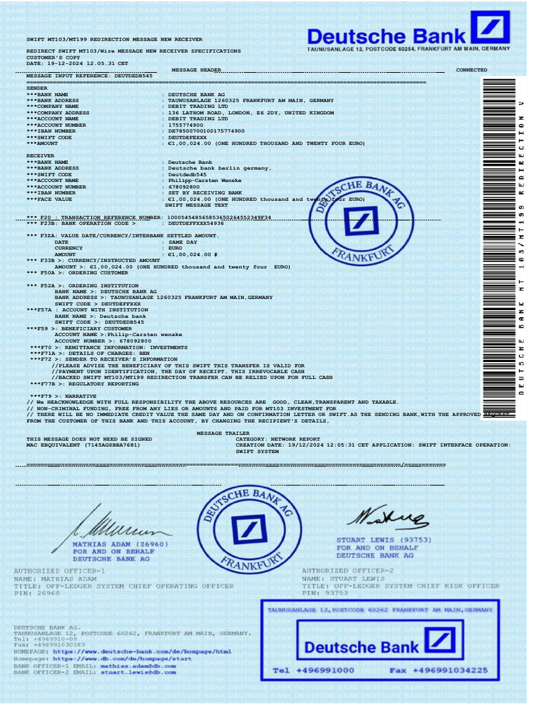 Deutsche Bank MT103 Transfer Details | PDF | Banks | Euro